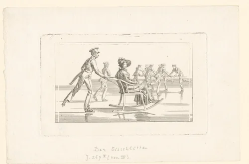 Slee voortgeduwd op het ijs met op de achtergrond zeven schaatsende mannen by Johann Adam Klein, print, 1825