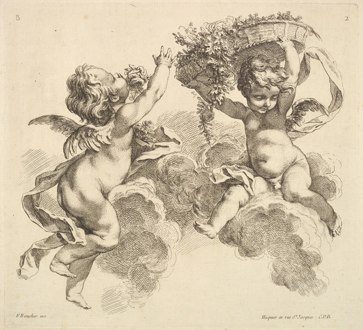 Two Children, One Holding a Basket with Flowers by Gabriel Huquier, print, 1738-1745