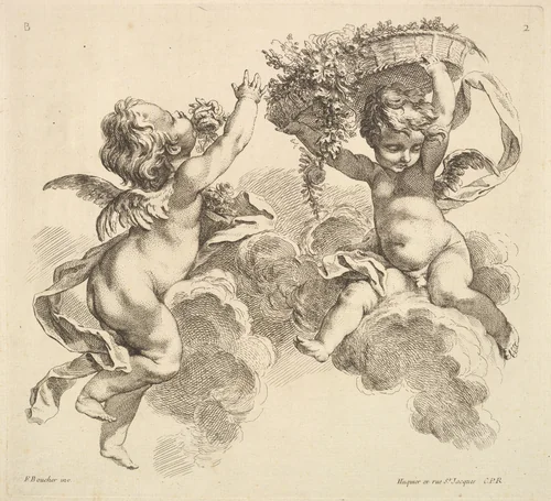 Two Children, One Holding a Basket with Flowers by Gabriel Huquier, print, 1738-1745