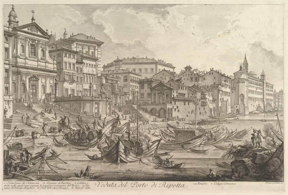 The smaller harbor, called the Porto di Ripetta (Veduta del Porto di Ripetta) by Giovanni Battista Piranesi, print, 1748-1758