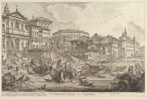 The smaller harbor, called the Porto di Ripetta (Veduta del Porto di Ripetta) by Giovanni Battista Piranesi, print, 1748-1758