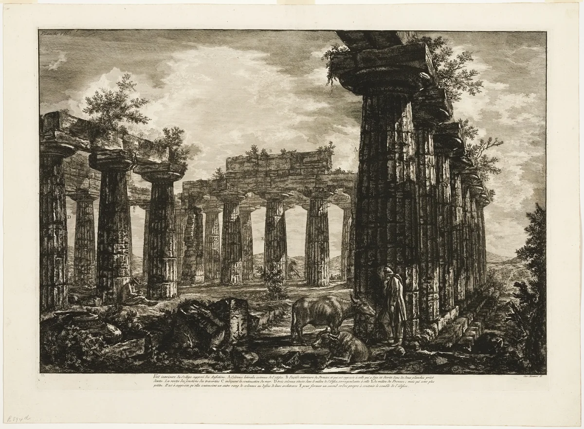 Interior view of the so-called College des Anfictions, from Different views of Paestum by Giovanni Battista Piranesi, print, 1778