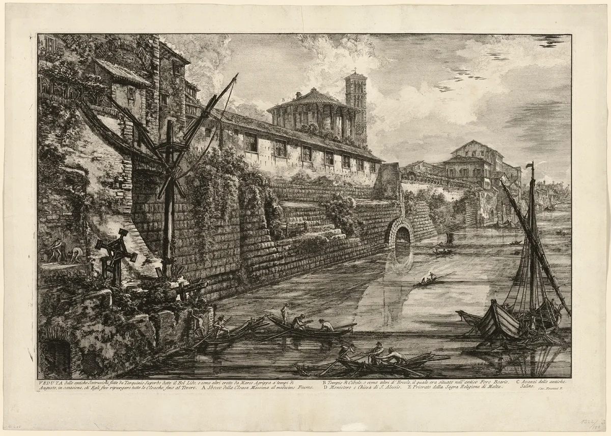 View of the ancient structure built by Tarquinius Superbus called the Bel Lido, and like others, built by Marcus Agrippa in the time of Augustus when he cleaned all of the sewers leading to the Tiber, from Views of Rome by Giovanni Battista Piranesi, print, 1776