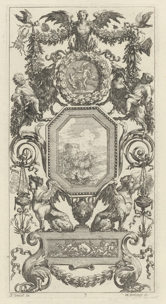 Ornamental Panel Surmounted by a Winged Harpy by Michel Dorigny; Simon Vouet, print, 1647