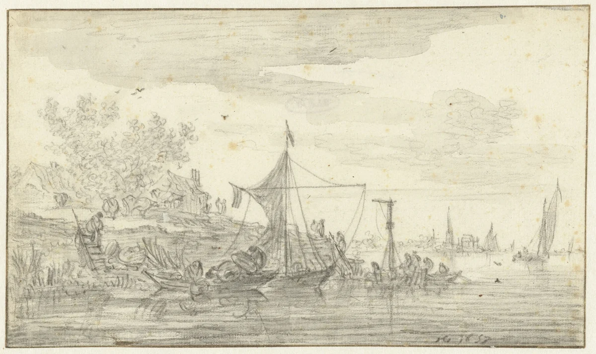 Rivieroever met enkele bootjes by Jan van Goyen, drawing, 1653