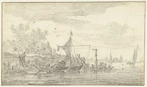 Rivieroever met enkele bootjes by Jan van Goyen, drawing, 1653