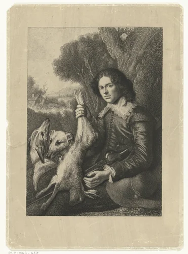 Jager met haas in de rechterhand by Johannes Arnoldus Boland, print, 1860-1900