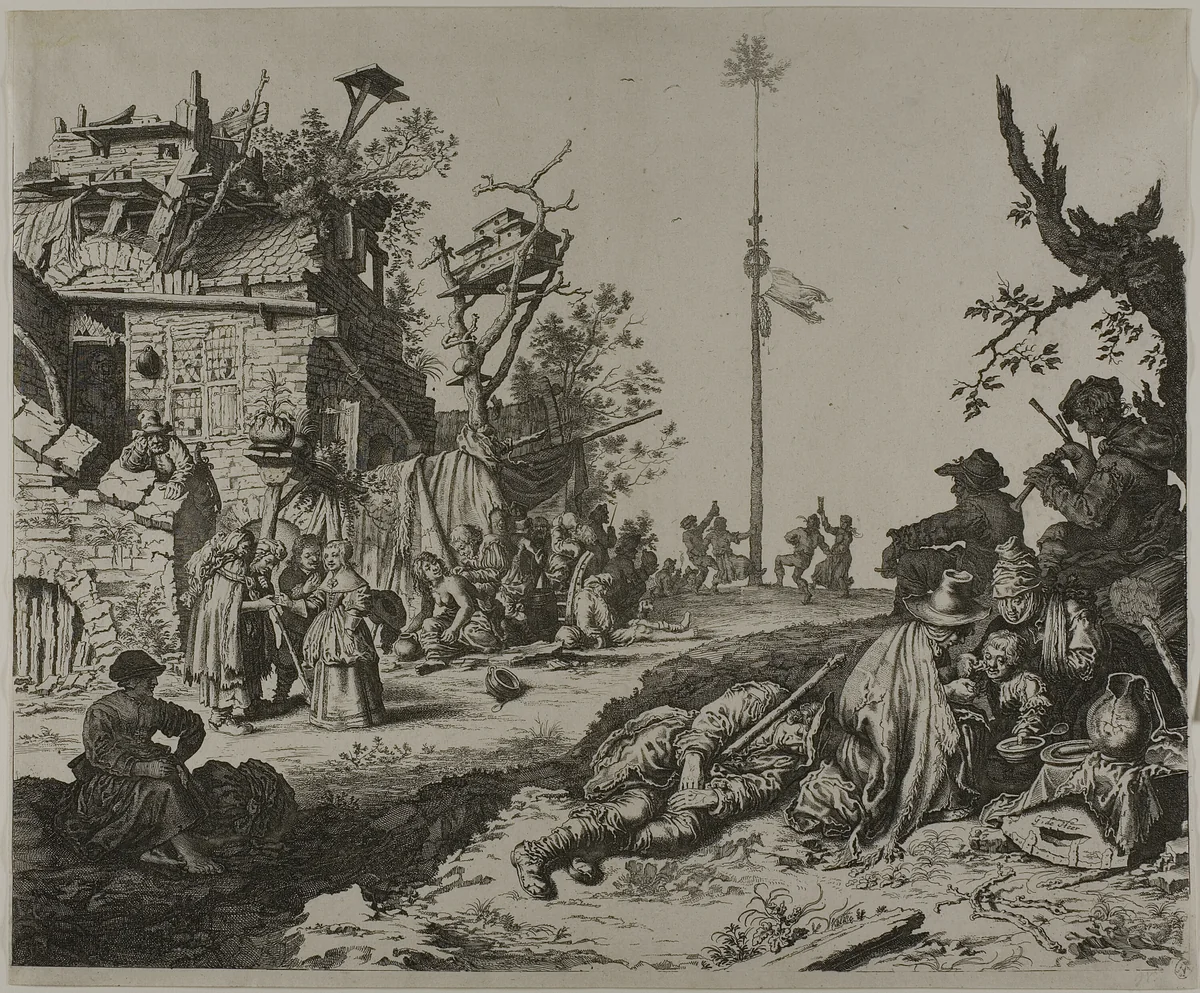 The Resting Gypsy Family in Front of a Ruined Inn by Gerrit de Heer, print, 1630-1660