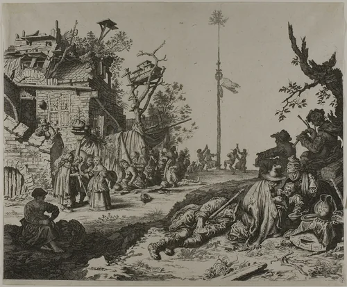 The Resting Gypsy Family in Front of a Ruined Inn by Gerrit de Heer, print, 1630-1660