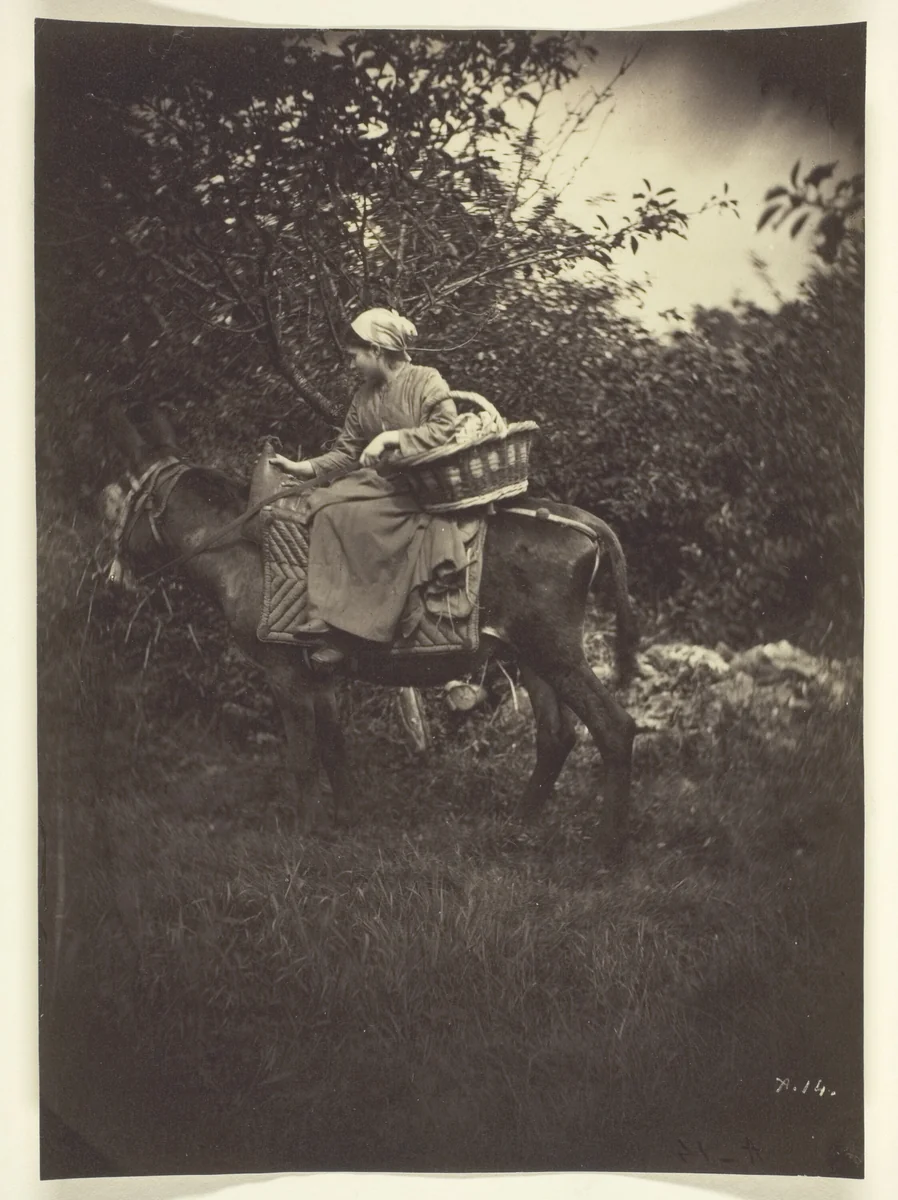 Female Peasant Riding Donkey by Giraudon, photograph, 1870
