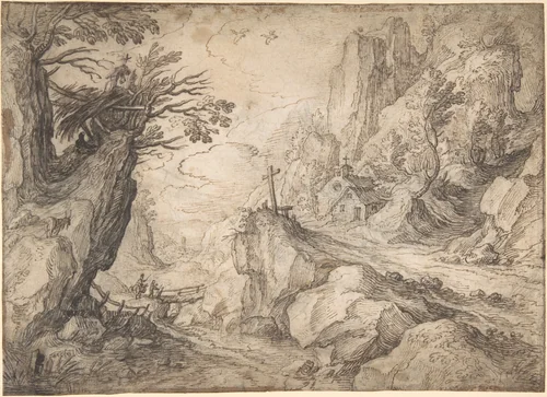 A Mountainous River Landscape with a Hermit and a Chapel by Matthijs Bril, drawing, 1570-1583