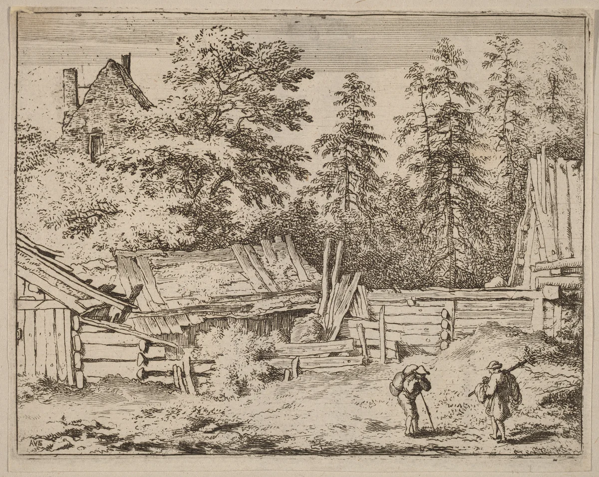 Three Cottages by Allart van Everdingen, print, 1645-1656