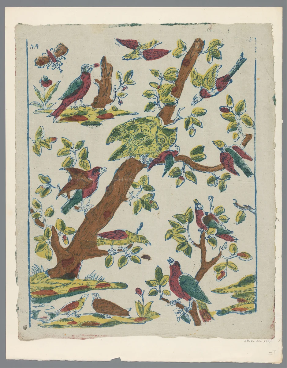 Blad met in het midden een uil in een boom by anonymous, print, 1700-1850