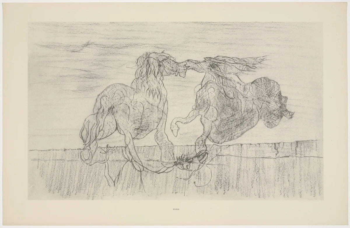 Stallion and Bride of the Wind (L'Étalon et la fiancée du vent) from Natural History (Histoire naturelle) by Max Ernst, print, 1925