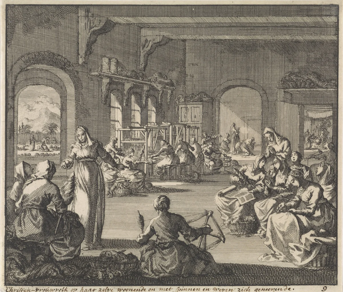 Vroeg-christelijke gemeenschap van vrouwen werkend in hun klooster by Jan Luyken, print, 1700