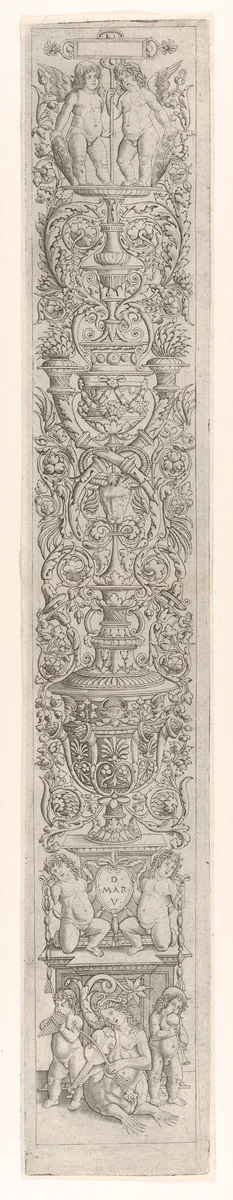 A Nereid and Two Children Playing Musical Instruments, from Twelve Ornamental Panels by Giovanni Antonio da Brescia, print, 1490-1515