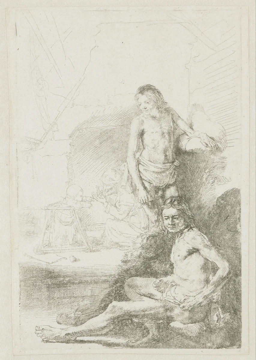 Male nude, seated and standing by Rembrandt van Rijn, print, 1646
