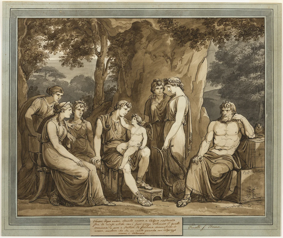 Calypso Watches Telemachus with Cupid on His Knee, While Mentor Watches in Anger, from The Adventures of Telemachus, Book 7 by Bartolomeo Pinelli, drawing, 1808
