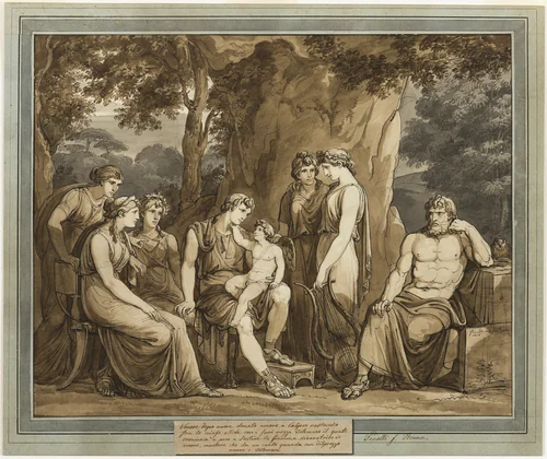 Calypso Watches Telemachus with Cupid on His Knee, While Mentor Watches in Anger, from The Adventures of Telemachus, Book 7 by Bartolomeo Pinelli, drawing, 1808