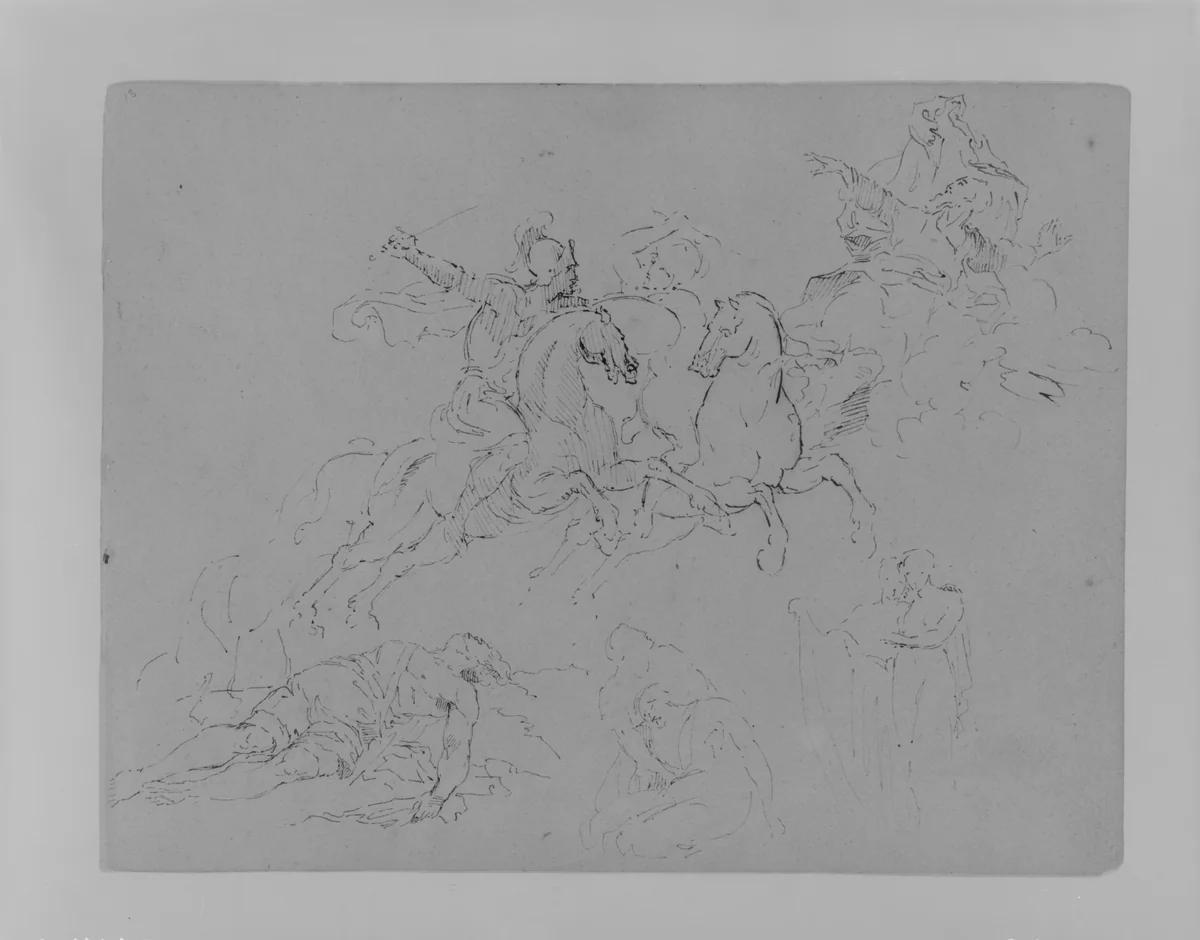 Five Figure and Group Sketches, Including Two Battling Equestrains, and Dead Warior (from Sketchbook) by Thomas Sully, artwork, 1810-1820