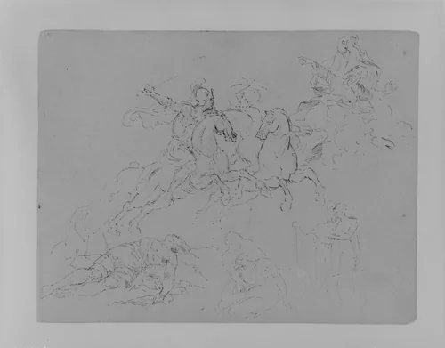 Five Figure and Group Sketches, Including Two Battling Equestrains, and Dead Warior (from Sketchbook) by Thomas Sully, artwork, 1810-1820
