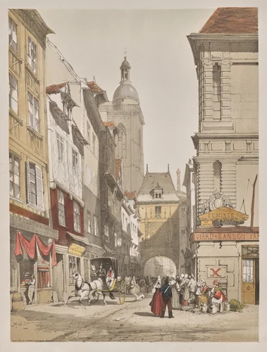 Picturesque Architecture in Paris, Ghent, Antwerp, Rouen: Rue de la Crosse Horlogue, Rouen, France by Thomas Shotter Boys, other, 1839