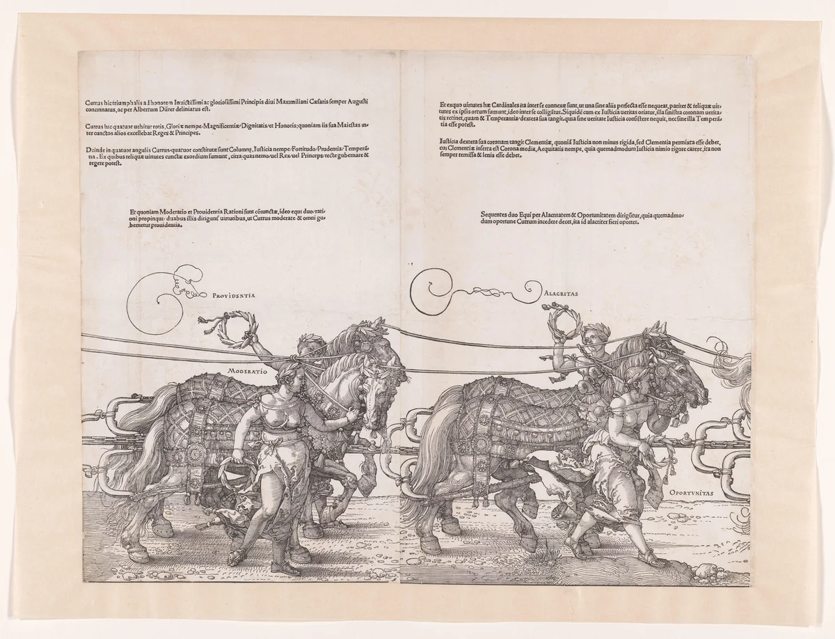 Eerste en tweede span paarden met allegorieën by Albrecht Dürer, print, 1523
