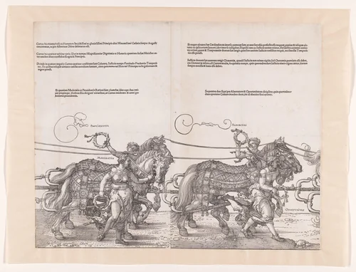 Eerste en tweede span paarden met allegorieën by Albrecht Dürer, print, 1523