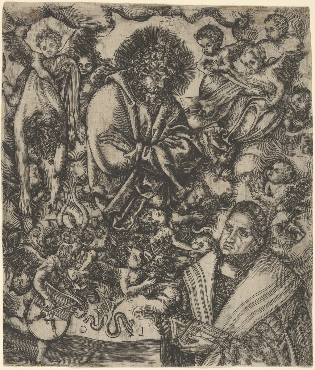 Frederick the Wise of Saxony Adoring St Bartholomew by Lucas Cranach, print, 1503-1514