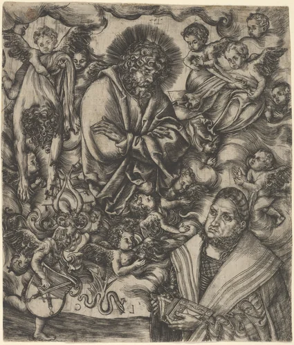 Frederick the Wise of Saxony Adoring St Bartholomew by Lucas Cranach, print, 1503-1514