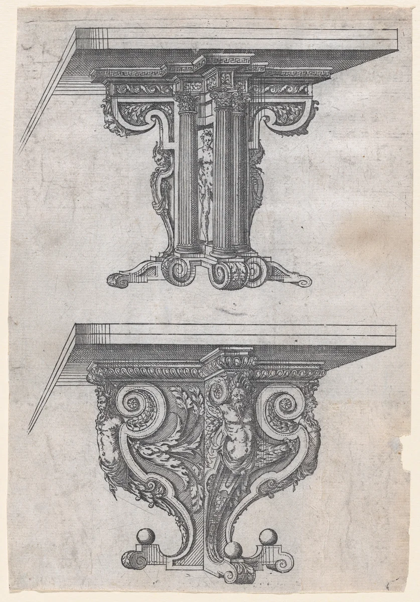 Two Table Designs by Jacques Androuet du Cerceau, print, 1565-1570