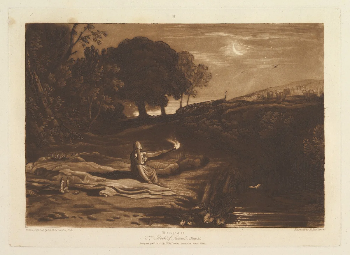 Rispah, 2nd Book of Samuel, Chapter 21, part IX, plate 46 from "Liber Studiorum" by Joseph Turner, print, 1812