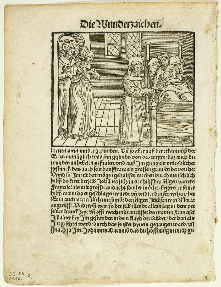 Saint Francis Heals the Grievous Wounds of One John at Lerida, plate two from Woodcuts from Books of the XVI Century by Hieronymus Höltzel, print, 1512