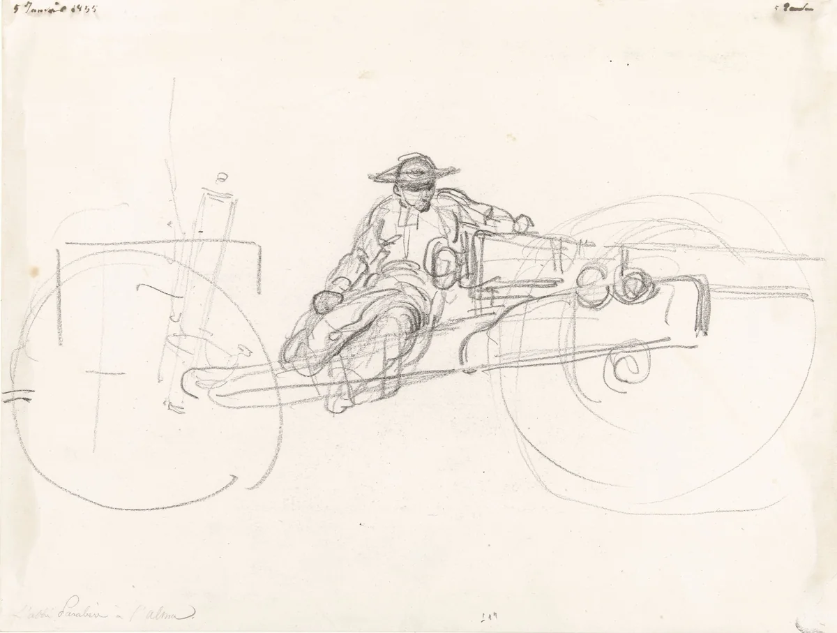 Schets uit de Krimoorlog: de abbé Parabère gezeten op het affuit van een kanon by Hippolyte Bellangé, drawing, 1855