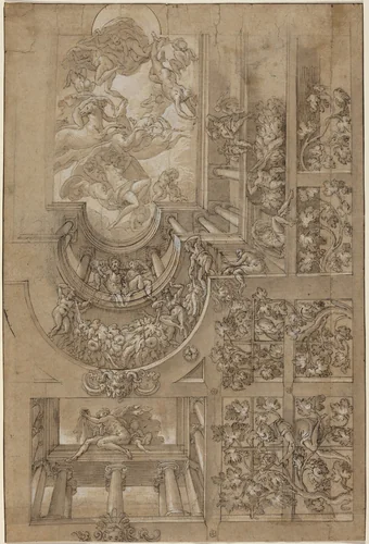 Illusionistic Ceiling with a Grape Arbor, Figures Poised on Galleries, and a Central Scene of Olympian Gods by None, drawing, 1575-1585