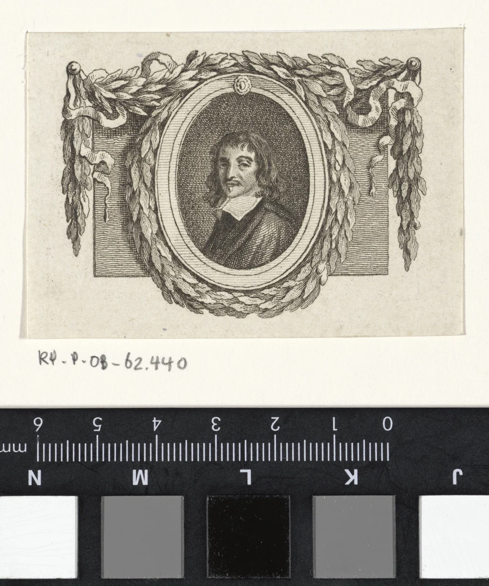 Portret van René Descartes, omringd met een lauwerkrans by Reinier Vinkeles, print, 1751-1816