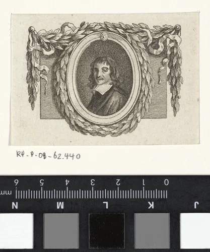 Portret van René Descartes, omringd met een lauwerkrans by Reinier Vinkeles, print, 1751-1816
