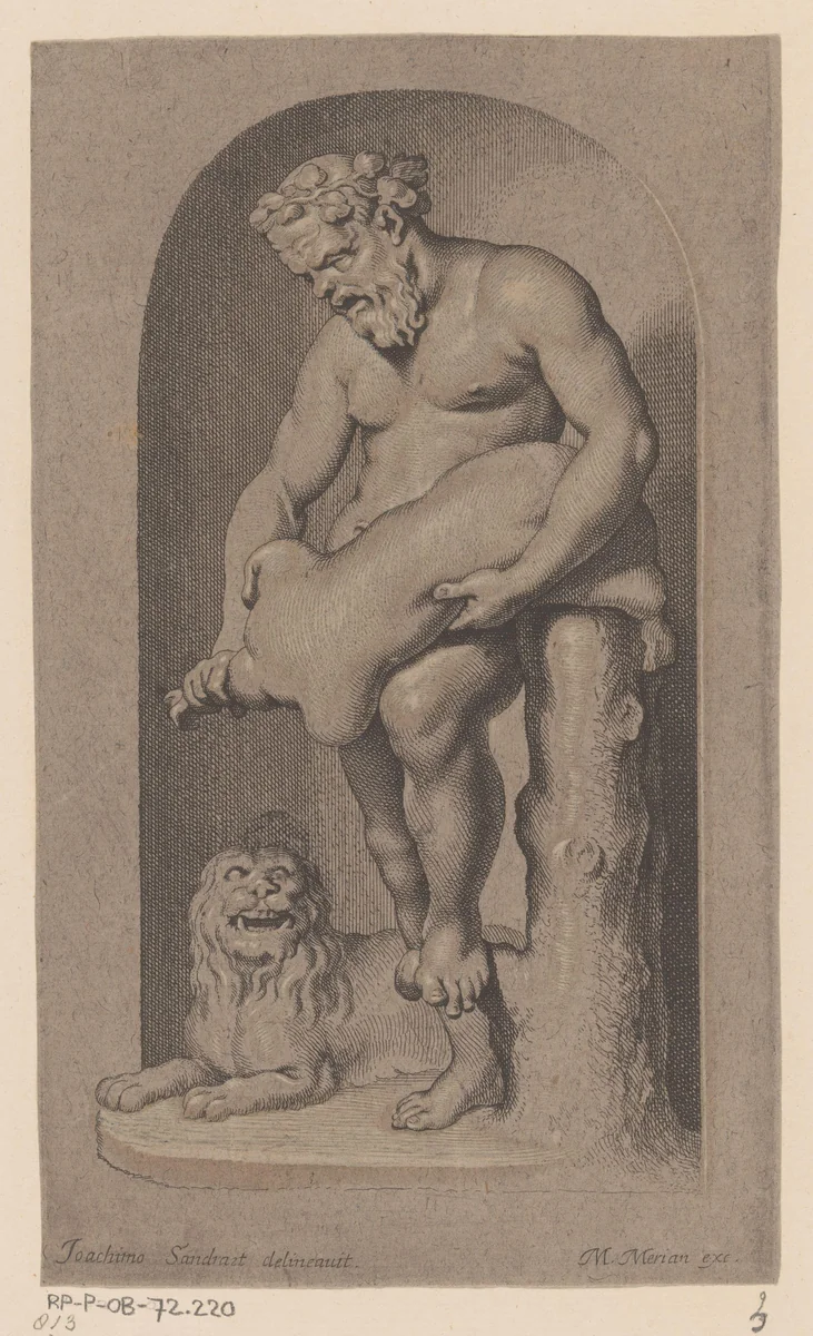 Standbeeld van Bacchus met liggende leeuw by François Perrier, print, 1633