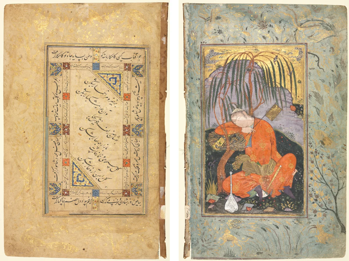 Persian Couplets (recto); Sleeping Youth (verso) by Riza-yi Abbasi, manuscript, 1575-1625