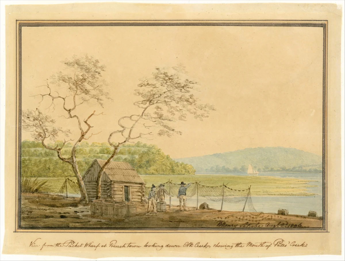 View from the Packet Wharf at Frenchtown Looking down Elk Creek by Benjamin Henry Latrobe, artwork, 1806