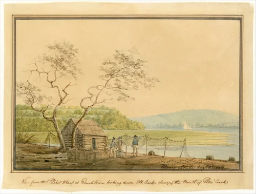 View from the Packet Wharf at Frenchtown Looking down Elk Creek by Benjamin Henry Latrobe, artwork, 1806