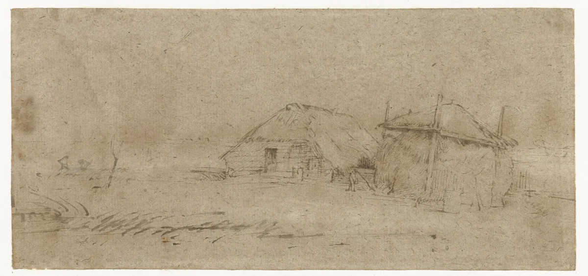 Langhuisboerderij met hooiberg in een polderlandschap by Rembrandt van Rijn, drawing, 1652
