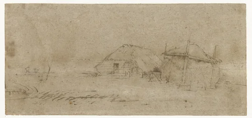 Langhuisboerderij met hooiberg in een polderlandschap by Rembrandt van Rijn, drawing, 1652