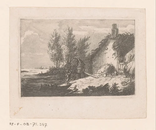 Man met boot bij een huis aan een rivier by Gabriel de Moulinneuf, print, 1759-1815