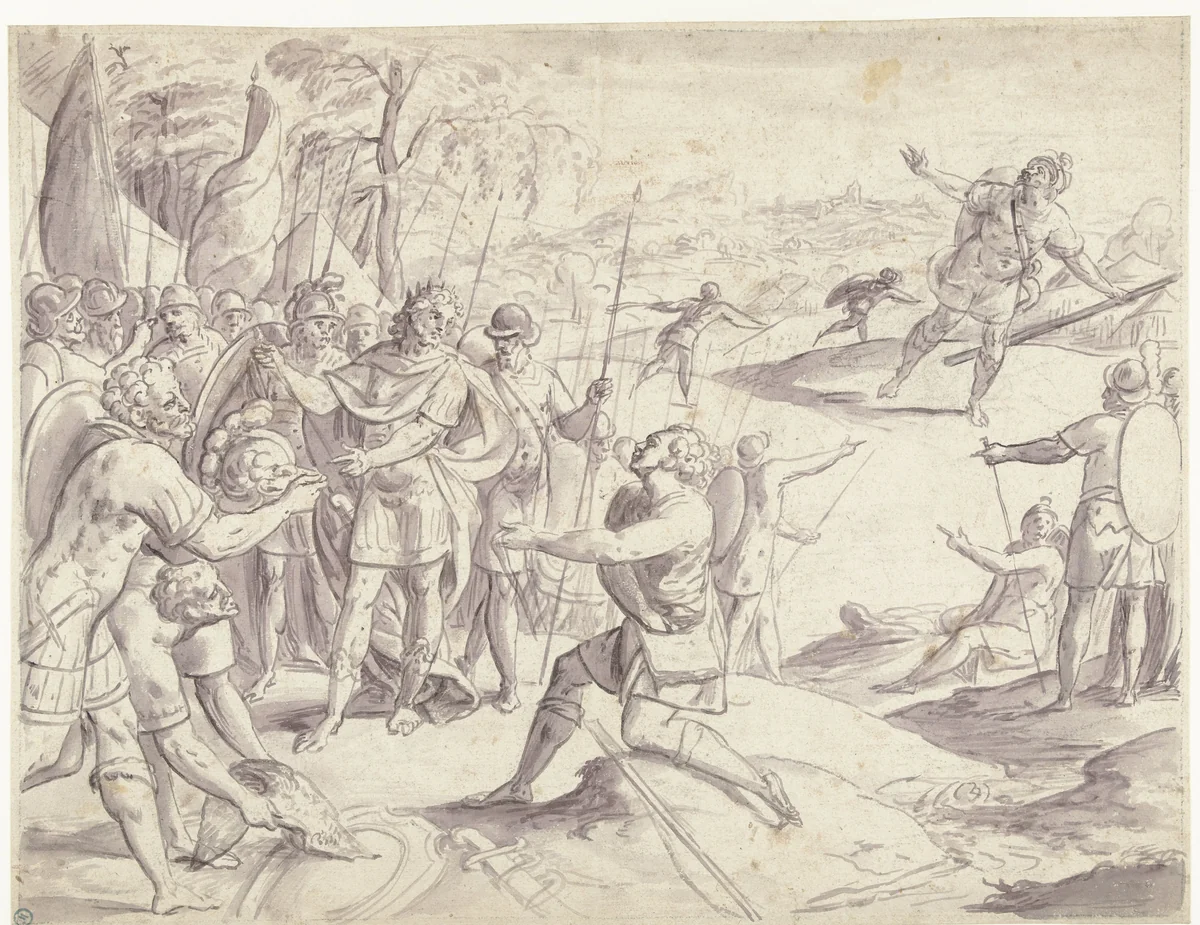 David vraagt aan Saul toestemming om tegen Goliath te mogen vechten by Frans Francken, drawing, 1552-1616