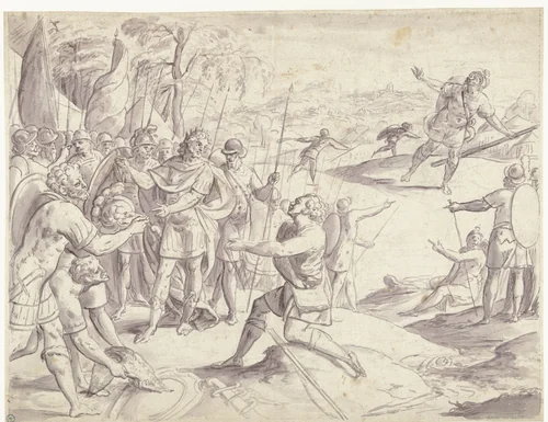 David vraagt aan Saul toestemming om tegen Goliath te mogen vechten by Frans Francken, drawing, 1552-1616