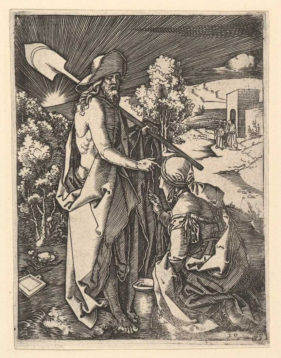 Christ Appearing to the Magdalen as a gardener, from "The Passion of Christ", after Dürer by Marcantonio Raimondi, print, 1495-1539