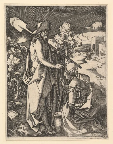Christ Appearing to the Magdalen as a gardener, from "The Passion of Christ", after Dürer by Marcantonio Raimondi, print, 1495-1539