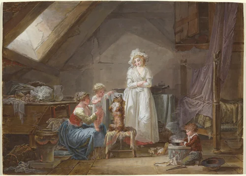 Young French Marquise in Exile in Lausanne by Jean-Baptiste Mallet, drawing, 1789