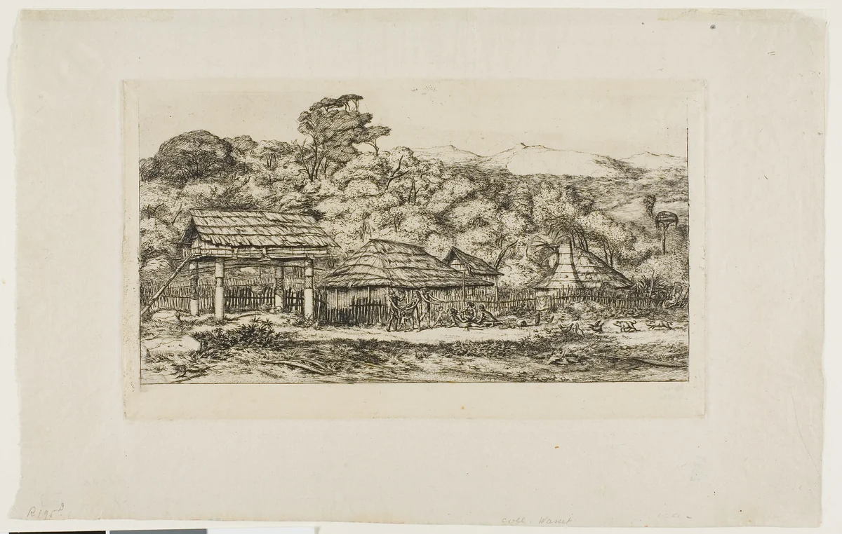 Native Barns and Huts at Akaroa, Banks' Peninsula, 1845 by Charles Meryon, print, 1865